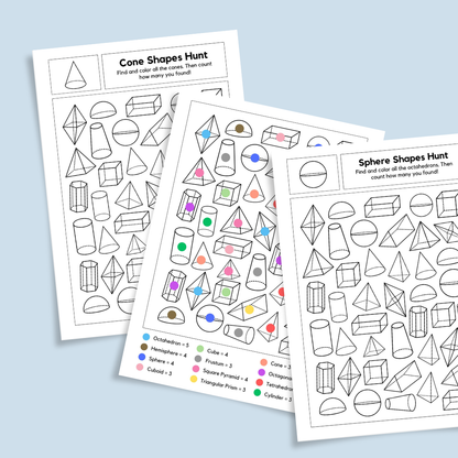 Three printable worksheets for a 3D shapes hunt activity titled “Octahedron Shapes Hunt” and “Hemisphere Shapes Hunt.” The pages feature outlines of various geometric solids like cylinders, cones, cubes, pyramids, and spheres. One sheet shows colored shapes with a color key at the bottom, while the others are black-and-white for coloring practice. Designed for teaching shape recognition and counting in elementary math.