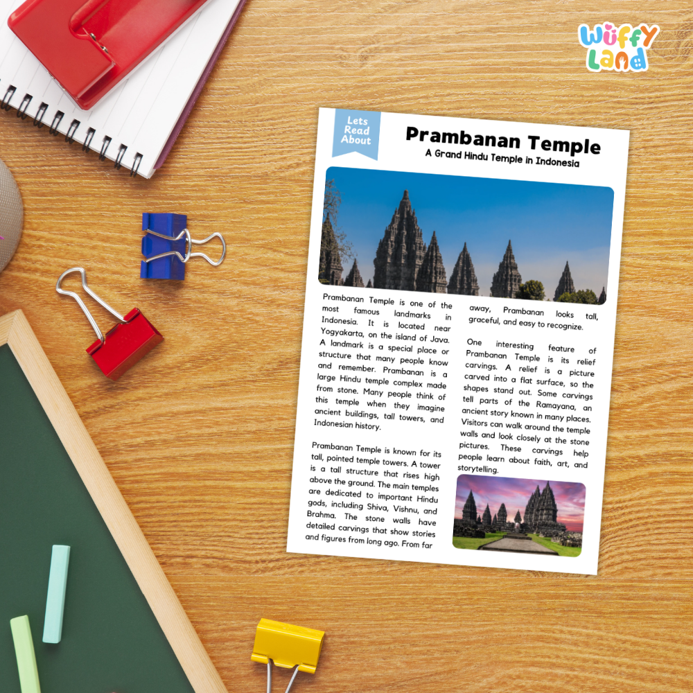 Prambanan Temple Landmark Reading Passage and Comprehension Worksheets