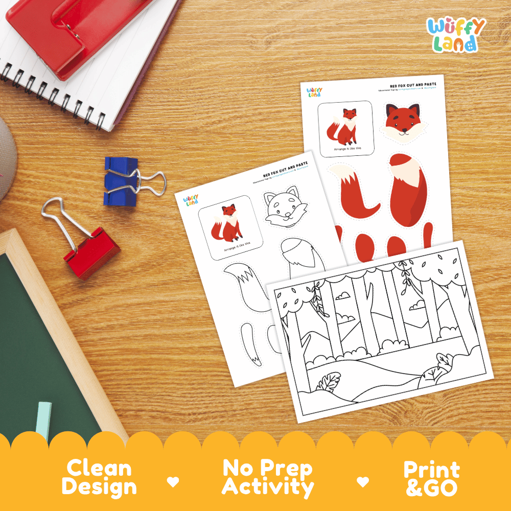 Red Fox Cut and Paste Craft and Coloring Activity Worksheets