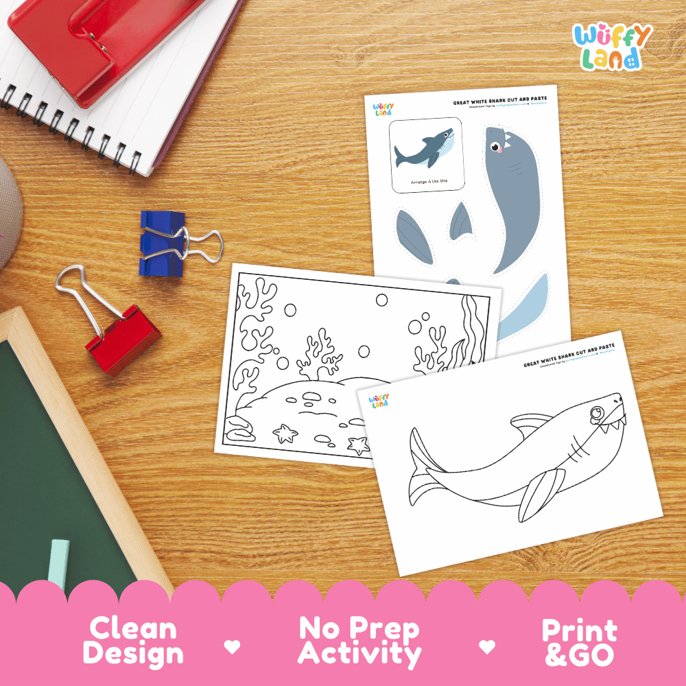 Great White Shark Cut and Paste and Coloring Activity Worksheets