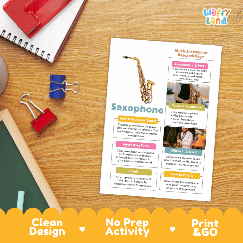 Saxophone Music Research Page Worksheets