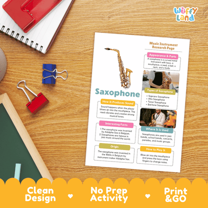 Saxophone Music Research Page Worksheets