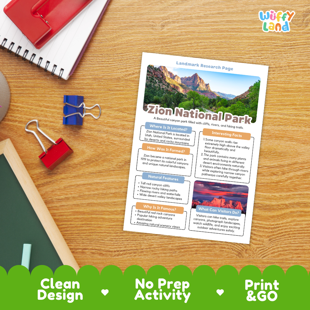 Zion National Park Landmark Research Page Worksheets and Fact Sheet
