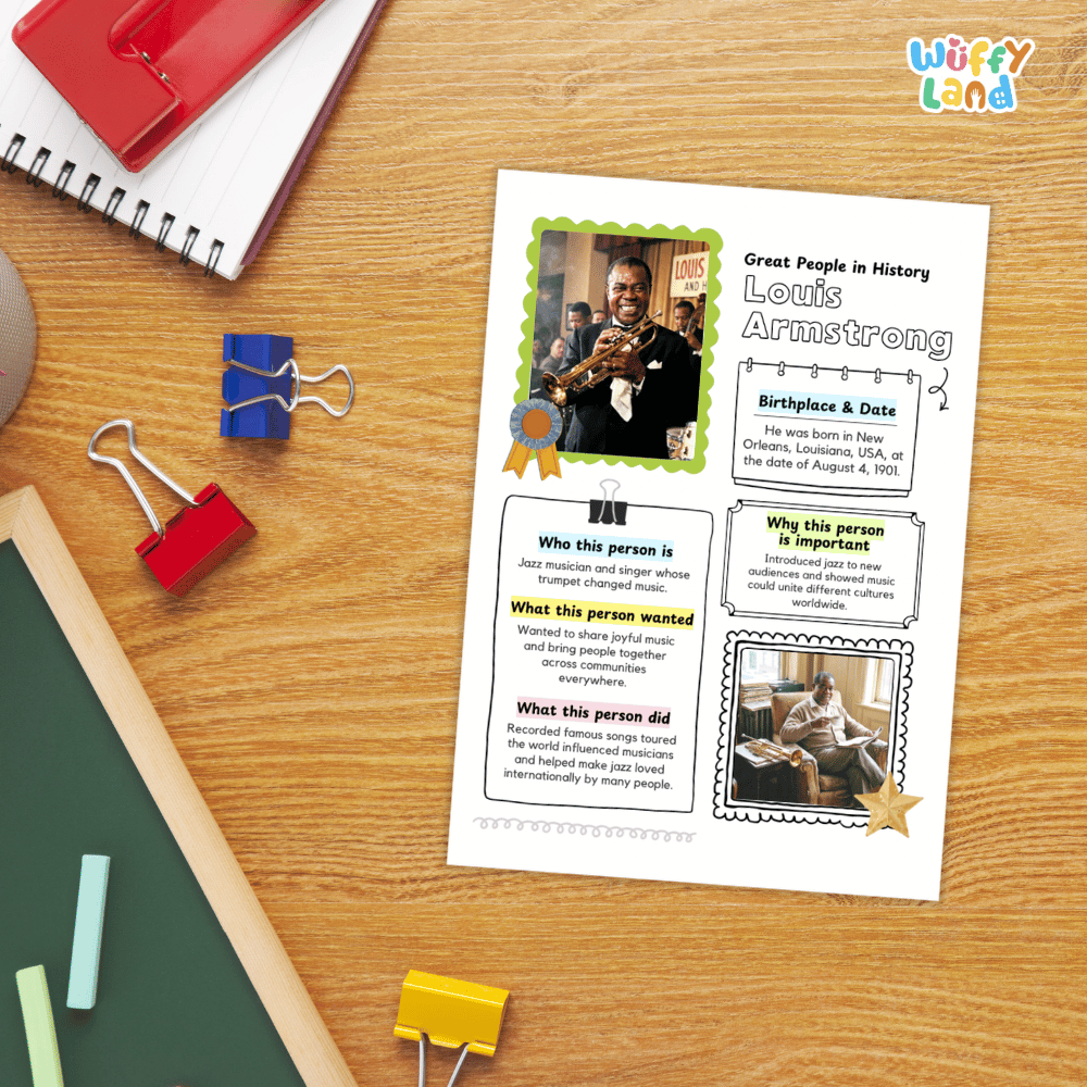 Louis Armstrong Famous People Research Page Worksheets and Biography Activity