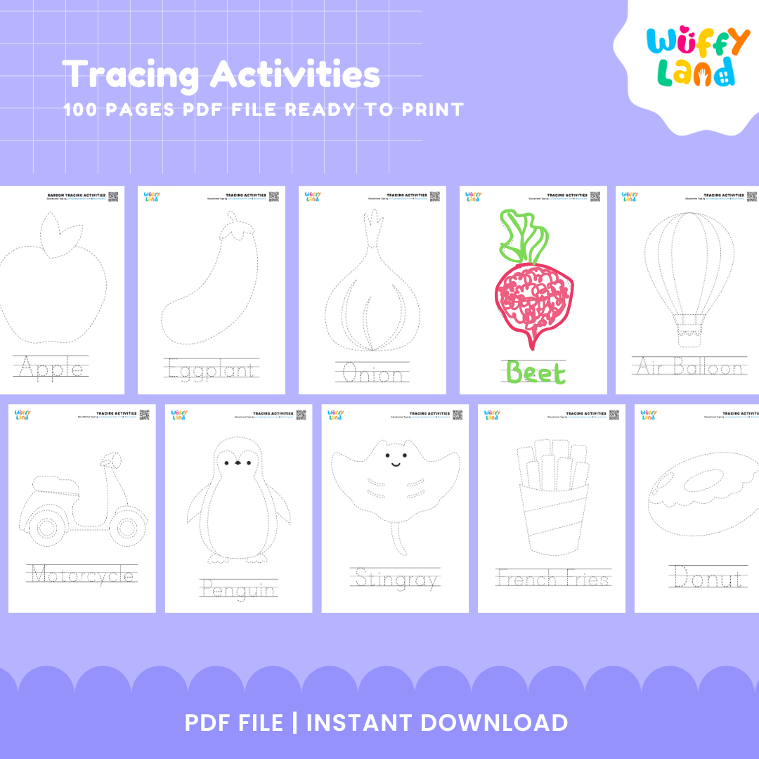 100 Pages Tracing Activities for Kids - Fun Educational Printable Worksheets - Learn Letters, Numbers Shapes