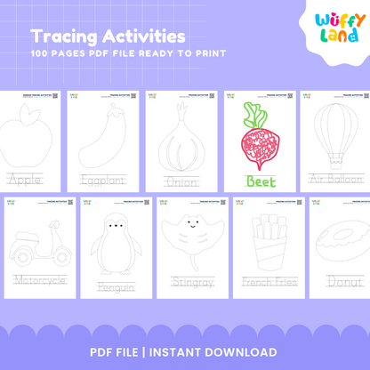 100 Pages Tracing Activities for Kids - Fun Educational Printable Worksheets - Learn Letters, Numbers Shapes