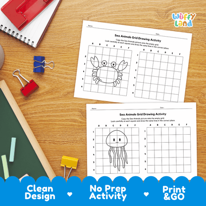 Sea Animals Grid Drawing Activity Worksheets
