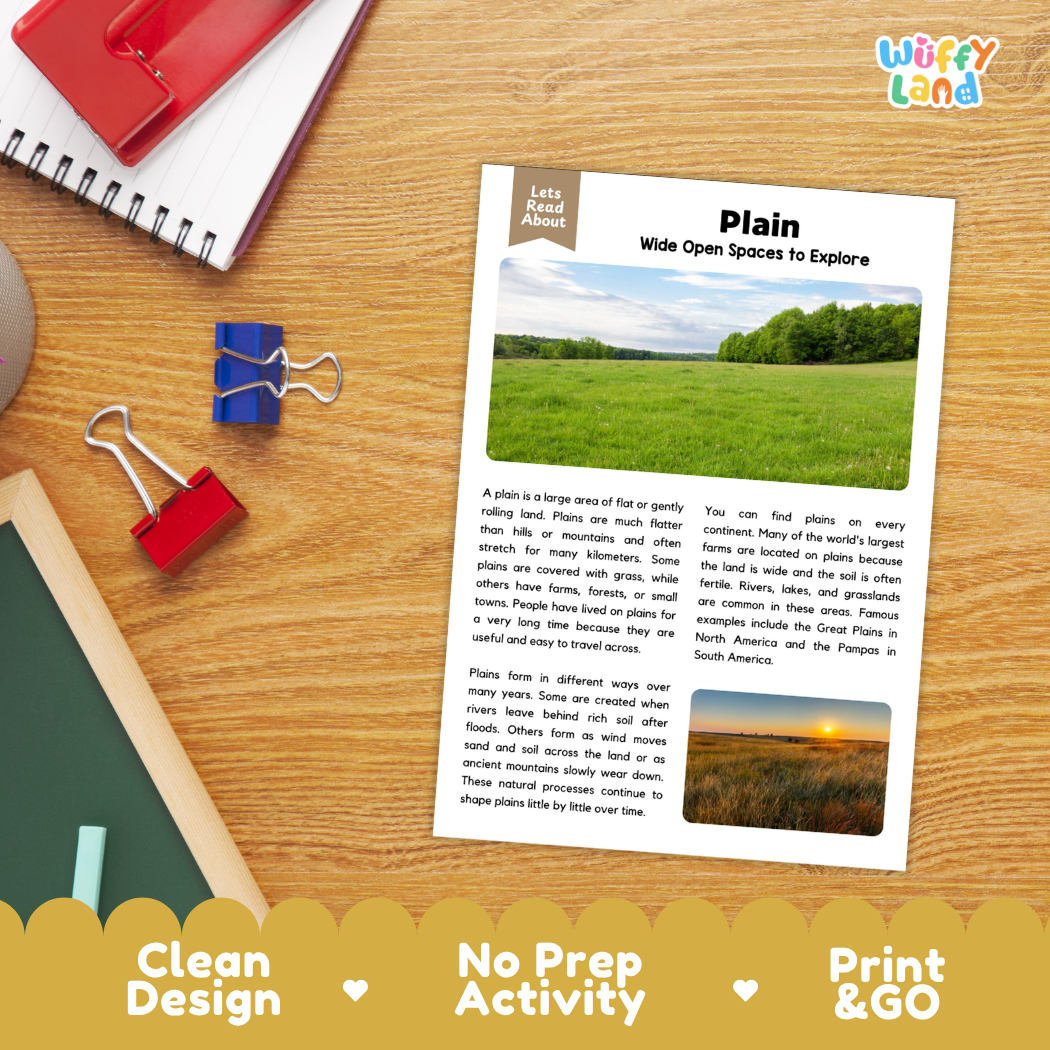 Plain Reading Passage and Comprehension Questions Worksheets Landforms