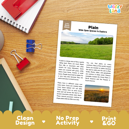 Plain Reading Passage and Comprehension Questions Worksheets Landforms