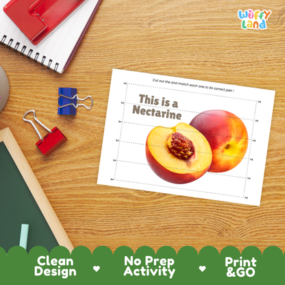 Close-up of puzzle worksheet showing nectarine images and dotted scissor lines