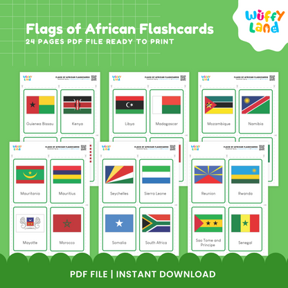 Flags of Africa Flashcards - 57 Educational Cards for Kids, Instant Download PDF