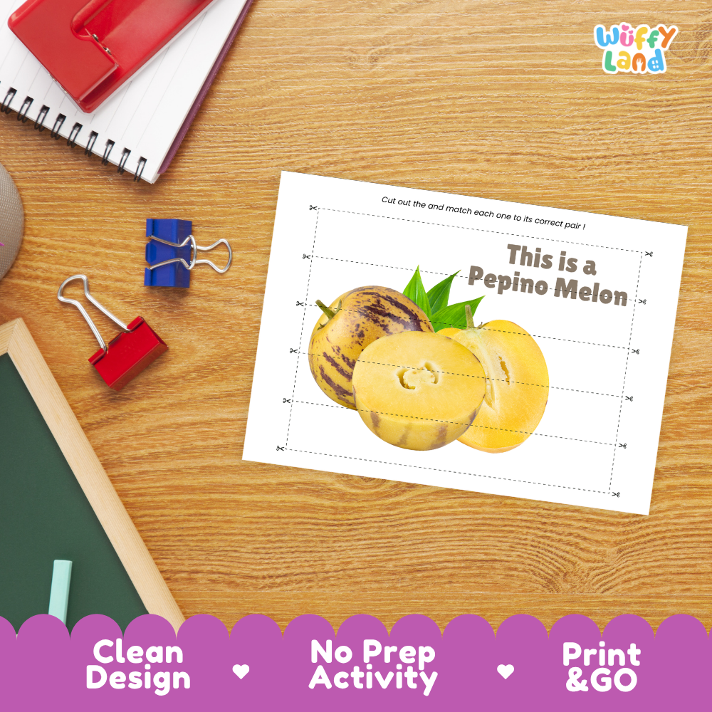Close-up of puzzle worksheet showing pepino melon images and dotted scissor lines