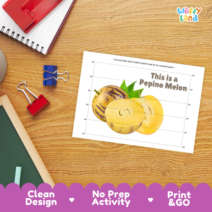 Close-up of puzzle worksheet showing pepino melon images and dotted scissor lines