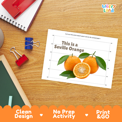 Close-up of puzzle worksheet showing Seville orange images and dotted scissor lines