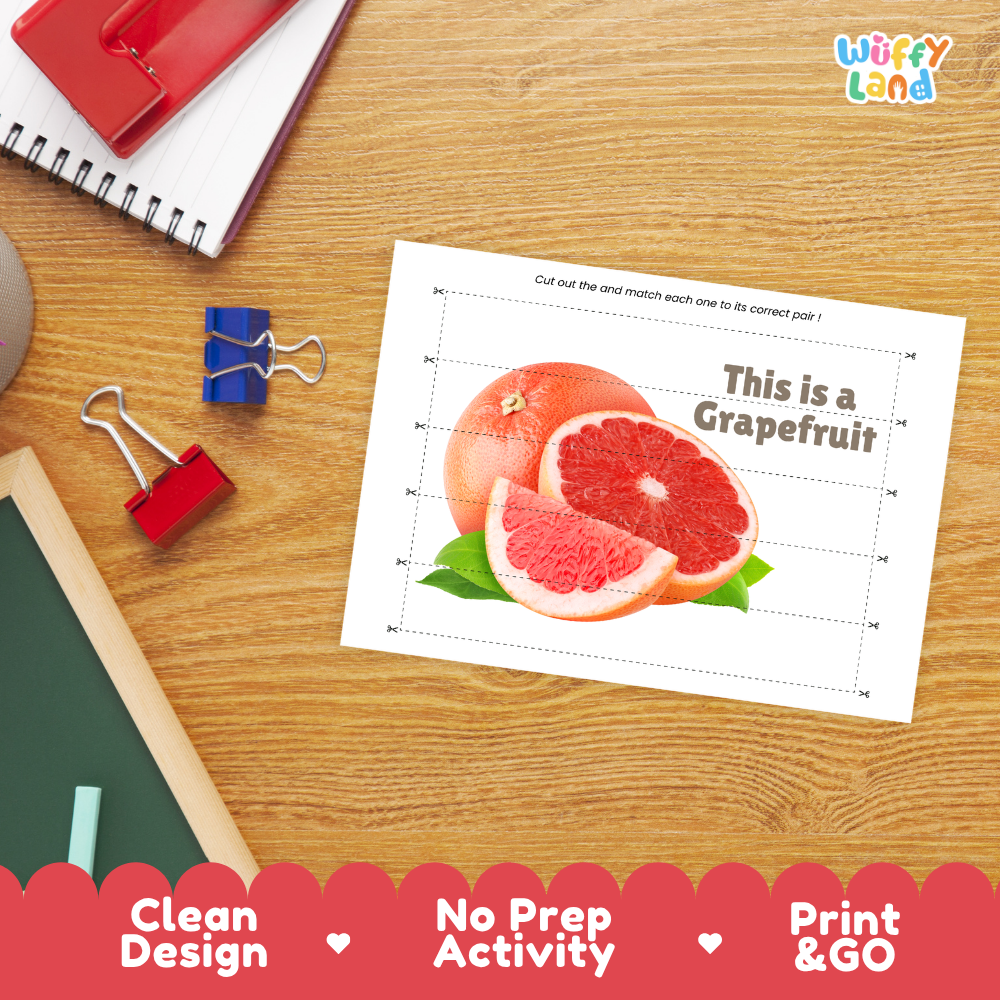 Close-up of puzzle worksheet showing grapefruit images and dotted scissor lines