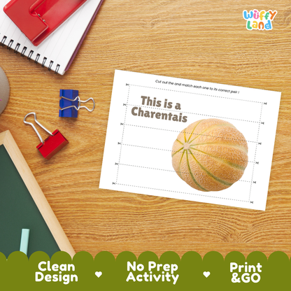 Close-up of puzzle worksheet showing Charentais melon images and dotted scissor lines