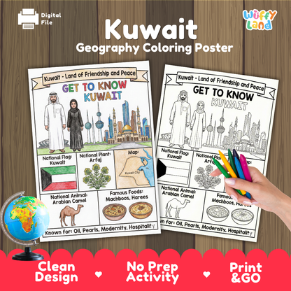 Get to know Kuwait coloring poster paired with photo flashcards of Kuwait Towers, Machboos Laham, Dishdasha and Abaya, and mosque architecture