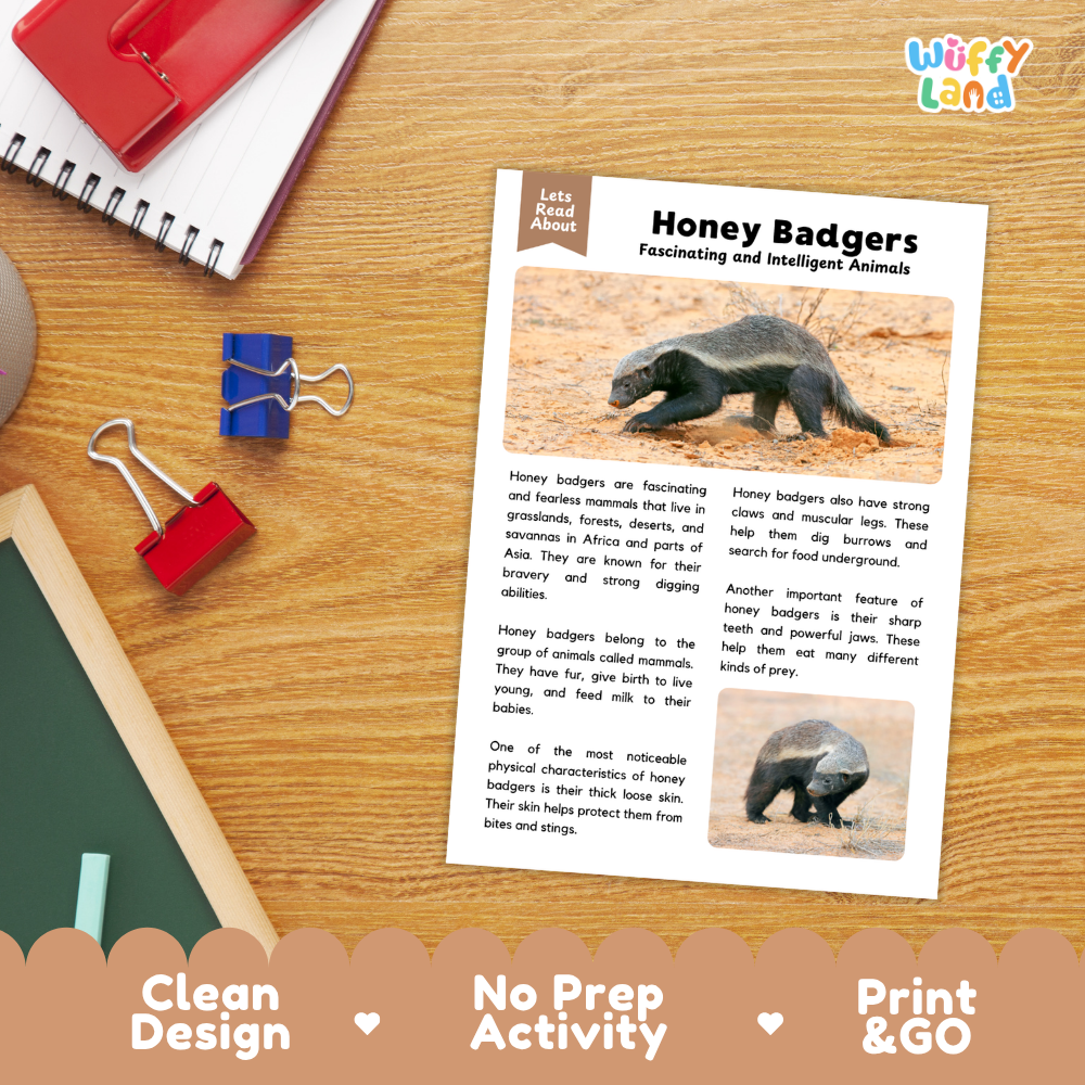 Honey Badger Reading Passage and Comprehension Questions with Answer Key Worksheets