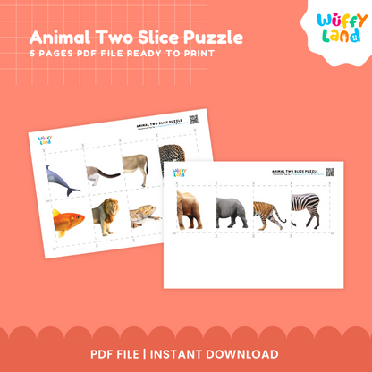 Animal Two-Slice Puzzle | 12 Matching Cards for Kids | Printable PDF