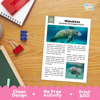 Manatee Reading Passage and Comprehension Questions with Answer Key Worksheets