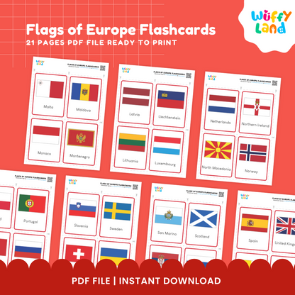 Flags of Europe Flashcards – 52 Printable Geography Cards for Kids Montessori Learning Tool for Homeschool & Classroom