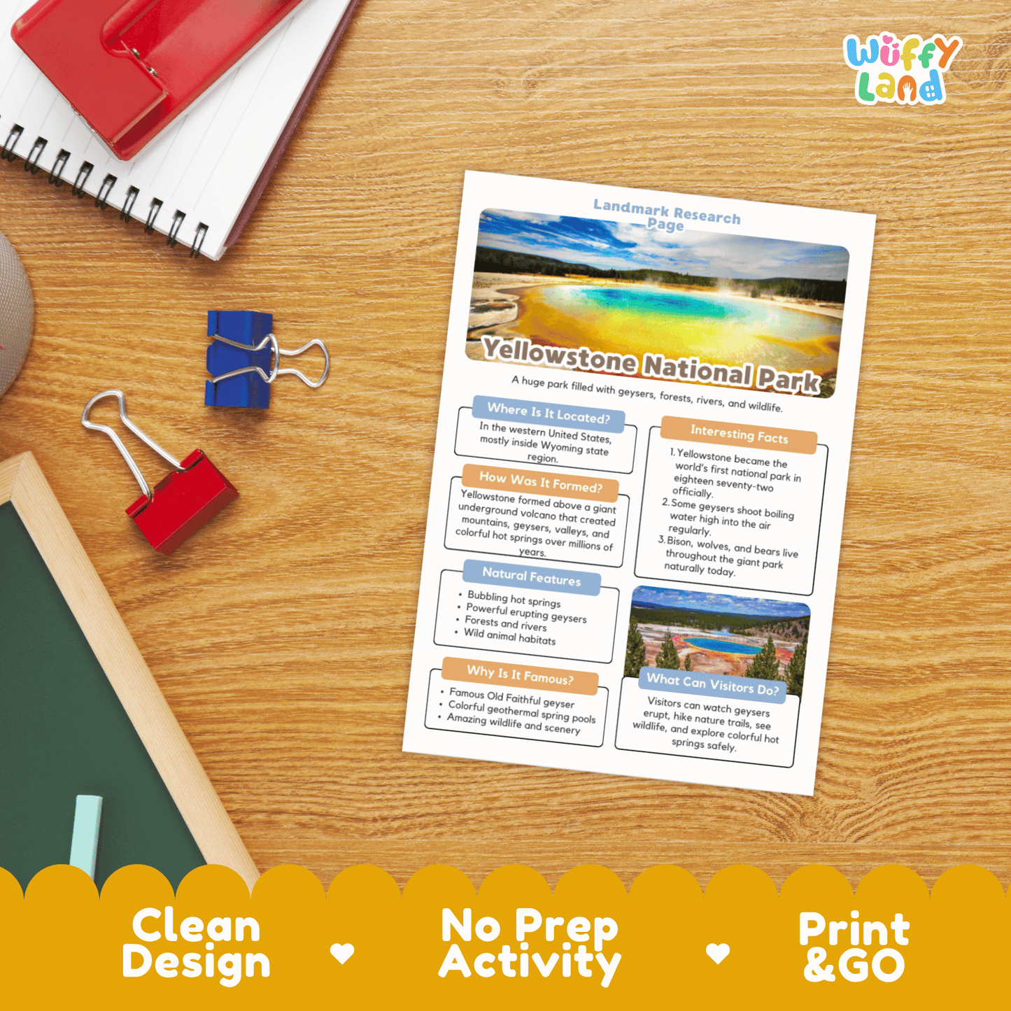 Yellowstone National Park Landmark Research Page Worksheets and Fact Sheet Activity