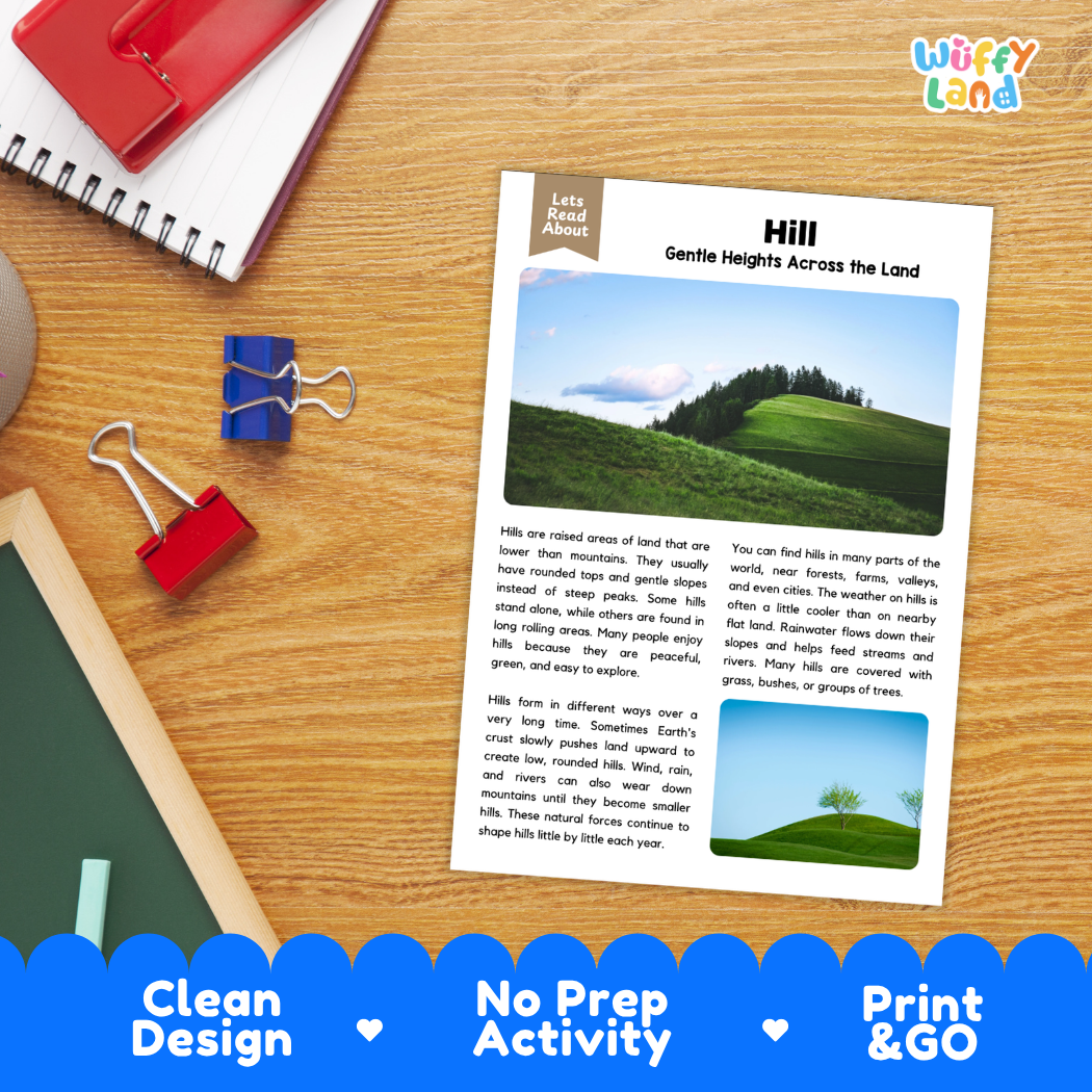 Hill Reading Passage and Comprehension Questions Worksheets Landforms
