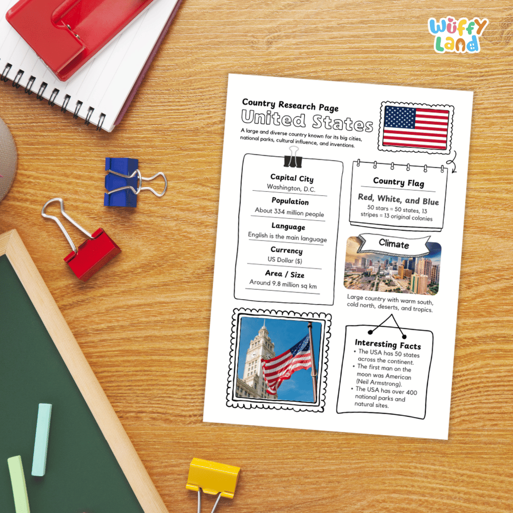 United States Country Research Project Worksheets and Activity Pages