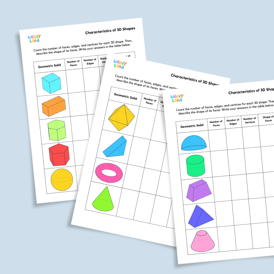 Printable 3D shapes worksheet for kids – count faces, edges, and vertices