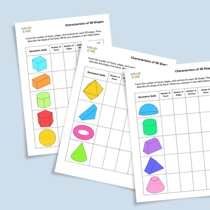 Printable 3D shapes worksheet for kids – count faces, edges, and vertices