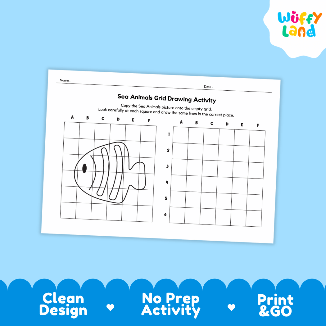 Sea Animals Grid Drawing Activity Worksheets