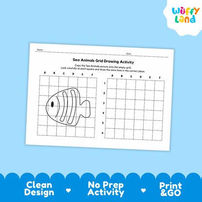 Sea Animals Grid Drawing Activity Worksheets