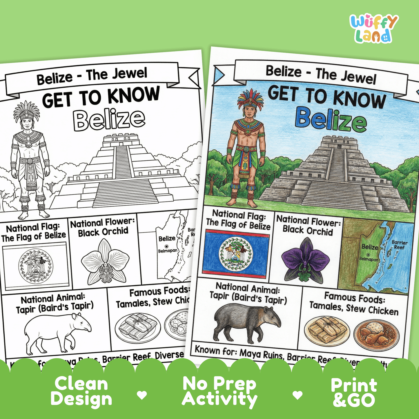 Belize Country Study Geography Coloring Page Worksheet Activity Poster