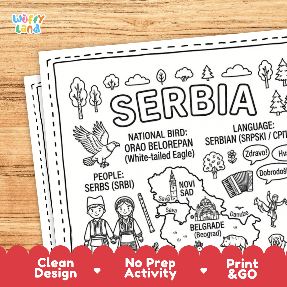 Serbia Country Study Doodle Style Coloring Poster and Geography Activity Page