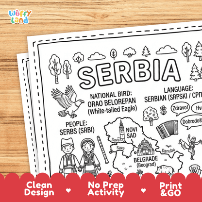 Serbia Country Study Doodle Style Coloring Poster and Geography Activity Page