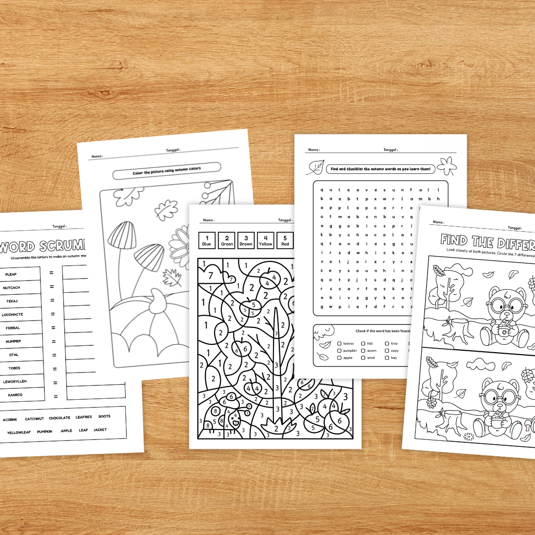 Autumn/Fall Worksheets Pack | Word Search, Maze, Color by Number, Coloring & Writing | No-Prep Printable PDF PreK–2