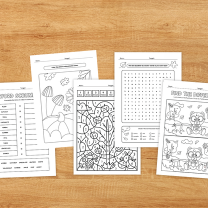 Autumn/Fall Worksheets Pack | Word Search, Maze, Color by Number, Coloring & Writing | No-Prep Printable PDF PreK–2