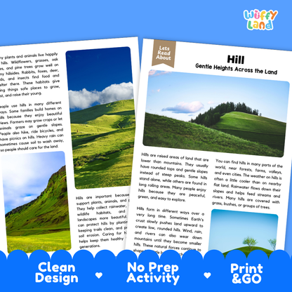 Hill Reading Passage and Comprehension Questions Worksheets Landforms