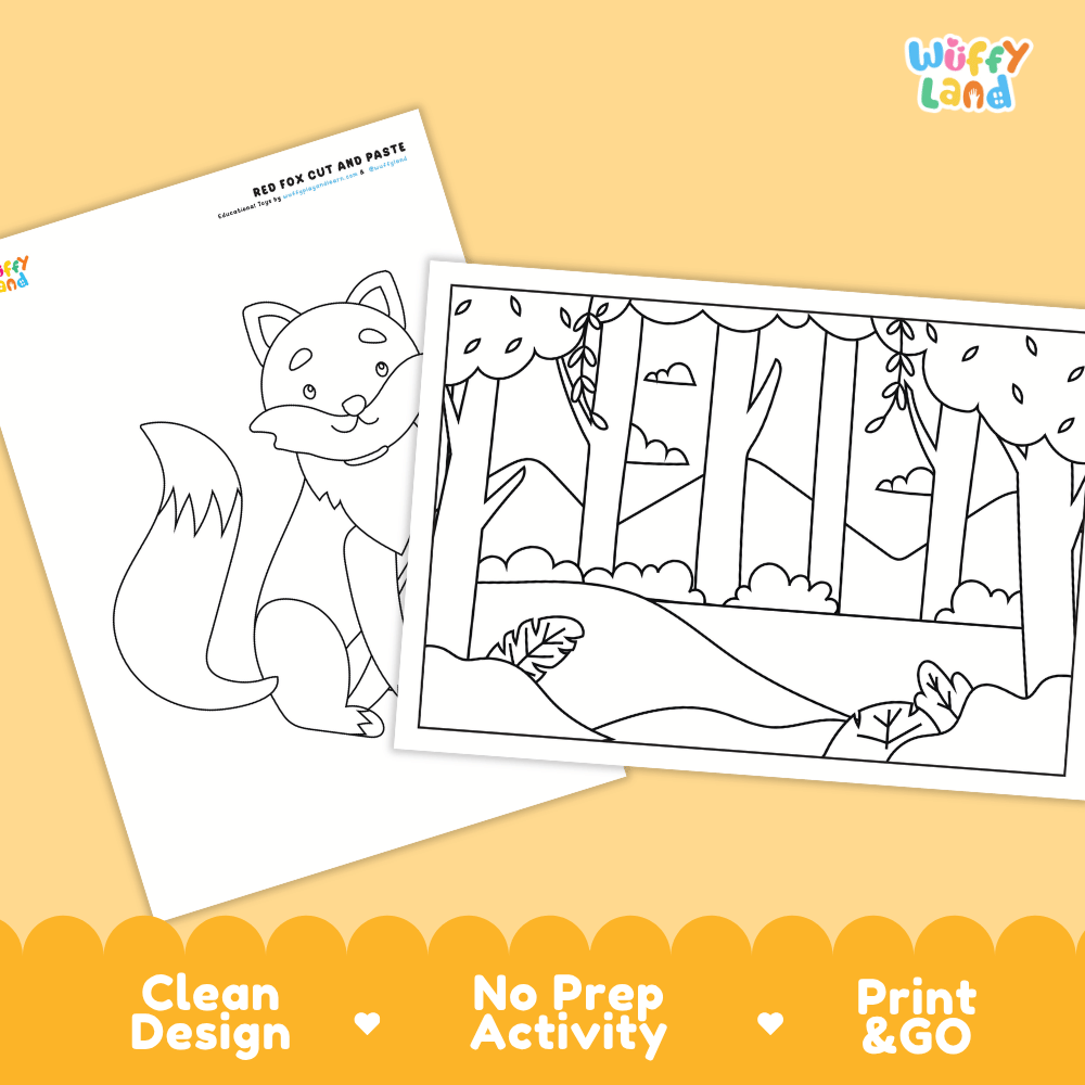 Red Fox Cut and Paste Craft and Coloring Activity Worksheets