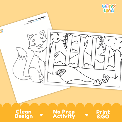 Red Fox Cut and Paste Craft and Coloring Activity Worksheets