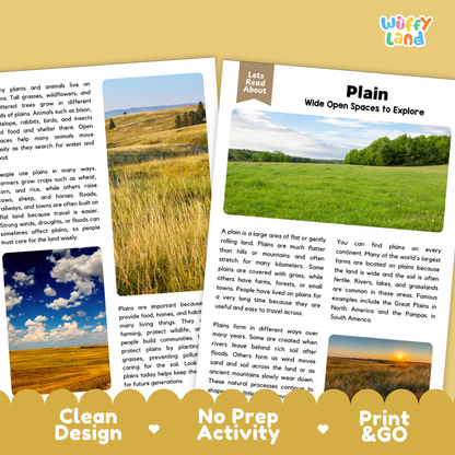 Plain Reading Passage and Comprehension Questions Worksheets Landforms