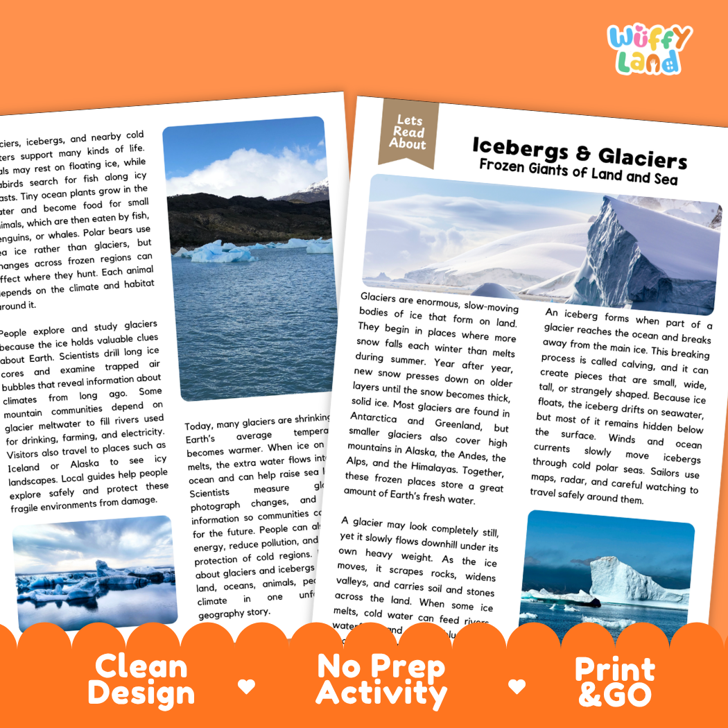 Icebergs & Glaciers Reading Comprehension Passage and Questions Activity Pack