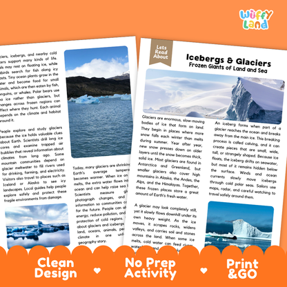 Icebergs & Glaciers Reading Comprehension Passage and Questions Activity Pack