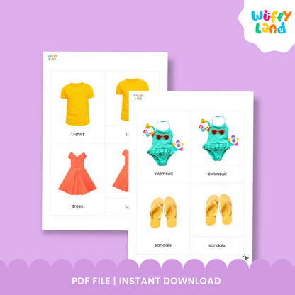 Kartu 3 Bagian Inspirasi Montessori untuk Kosakata Pakaian dengan Gambar Asli 