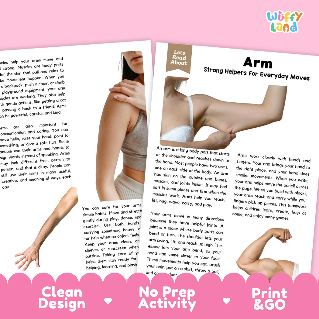 Teacher answer key page showing complete question solutions for Arm human body reading comprehension practice
