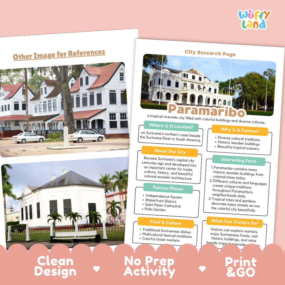 Two printed educational poster sheets about Paramaribo displayed on a pink background. One sheet shows a large building photo with the heading 'Other Image for References,' and the other shows a city research page layout with a building photo and labeled sections such as 'Where Is It Located?', 'Why Is It Famous?', 'About the City,' 'Famous Places,' 'Food & Culture,' and 'What Visitors Do?'.