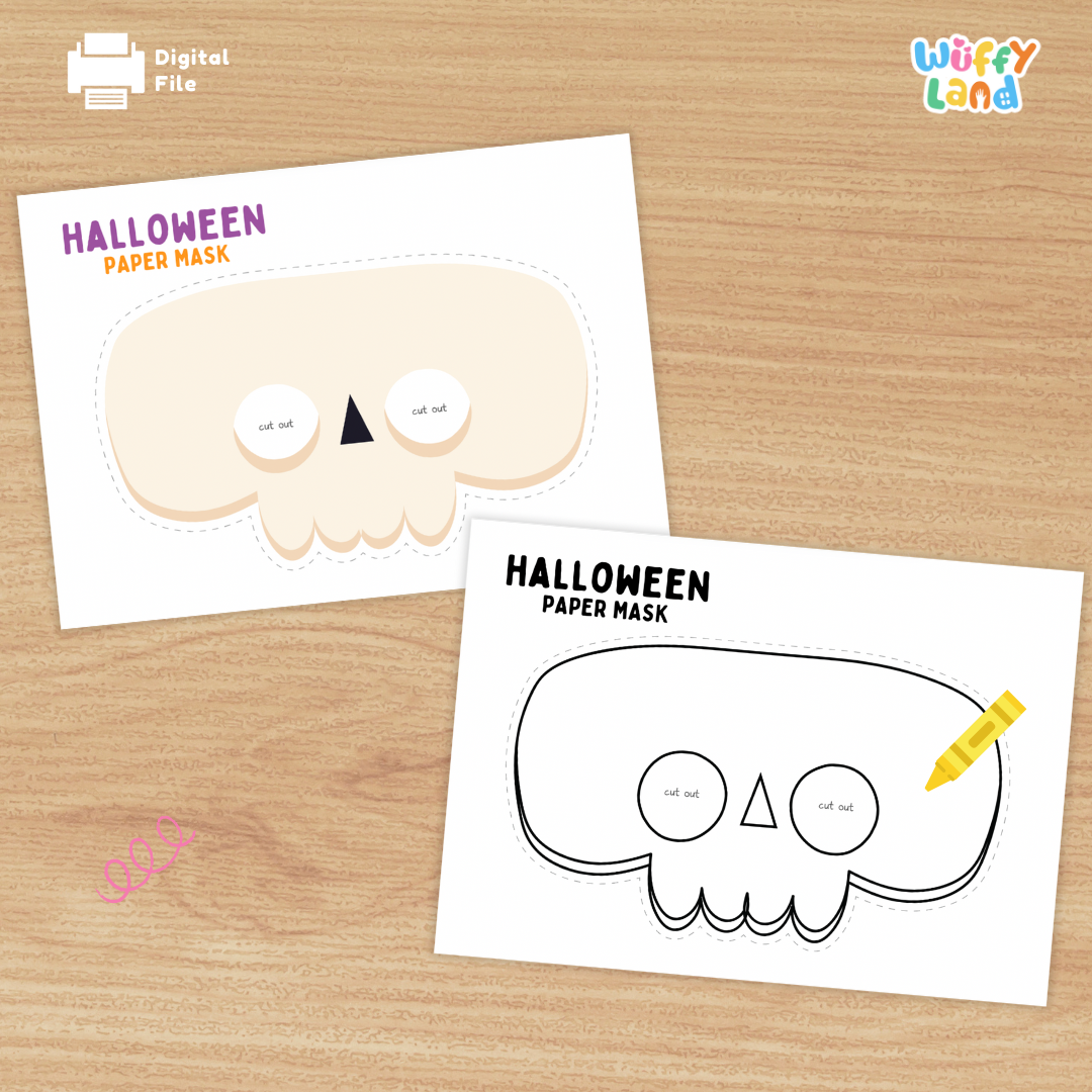 Halloween Skull Paper Mask – Printable Craft (Color + B&W)