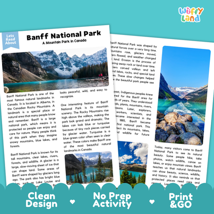Banff National Park Landmark Reading Passage and Comprehension Questions Worksheets