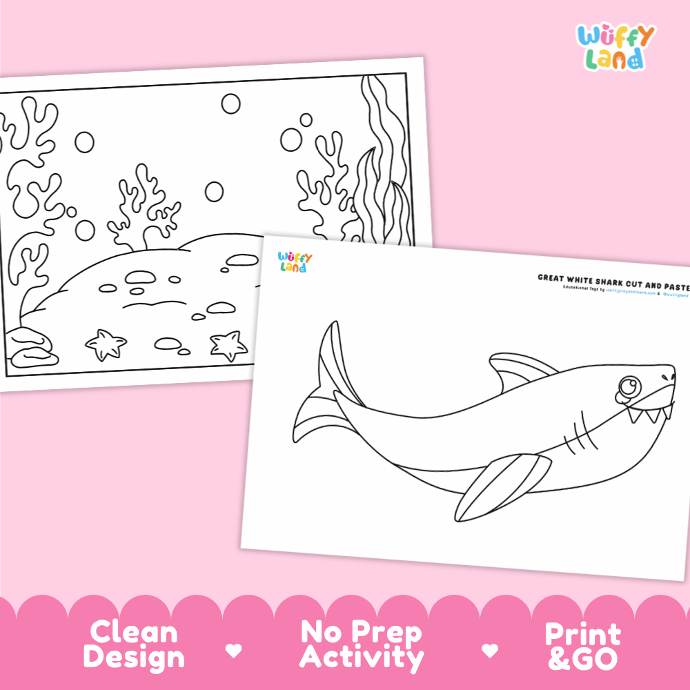 Great White Shark Cut and Paste and Coloring Activity Worksheets