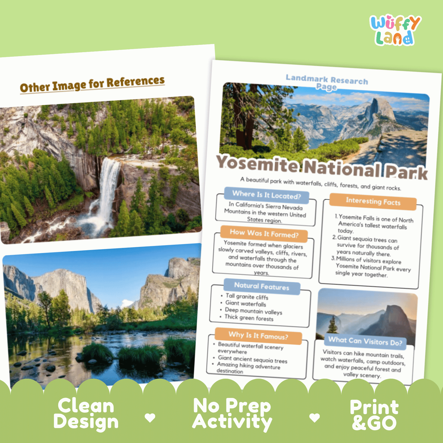 Yosemite National Park Landmark Research Page Worksheets and Fact Sheet Activity